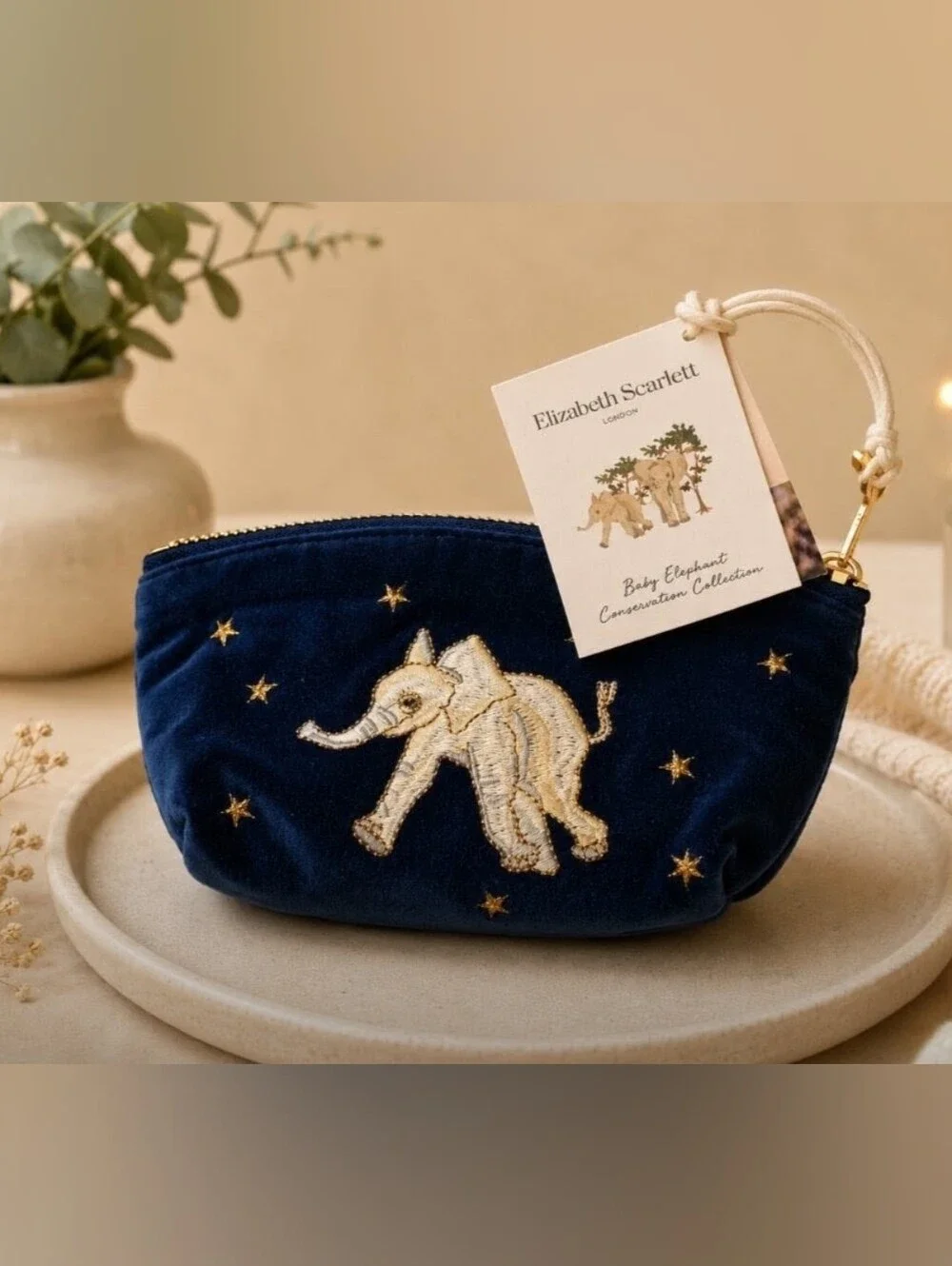 Elizabeth Scarlet Navy Velvet Pouch with Gold-Embroidered Baby Elephant NWT